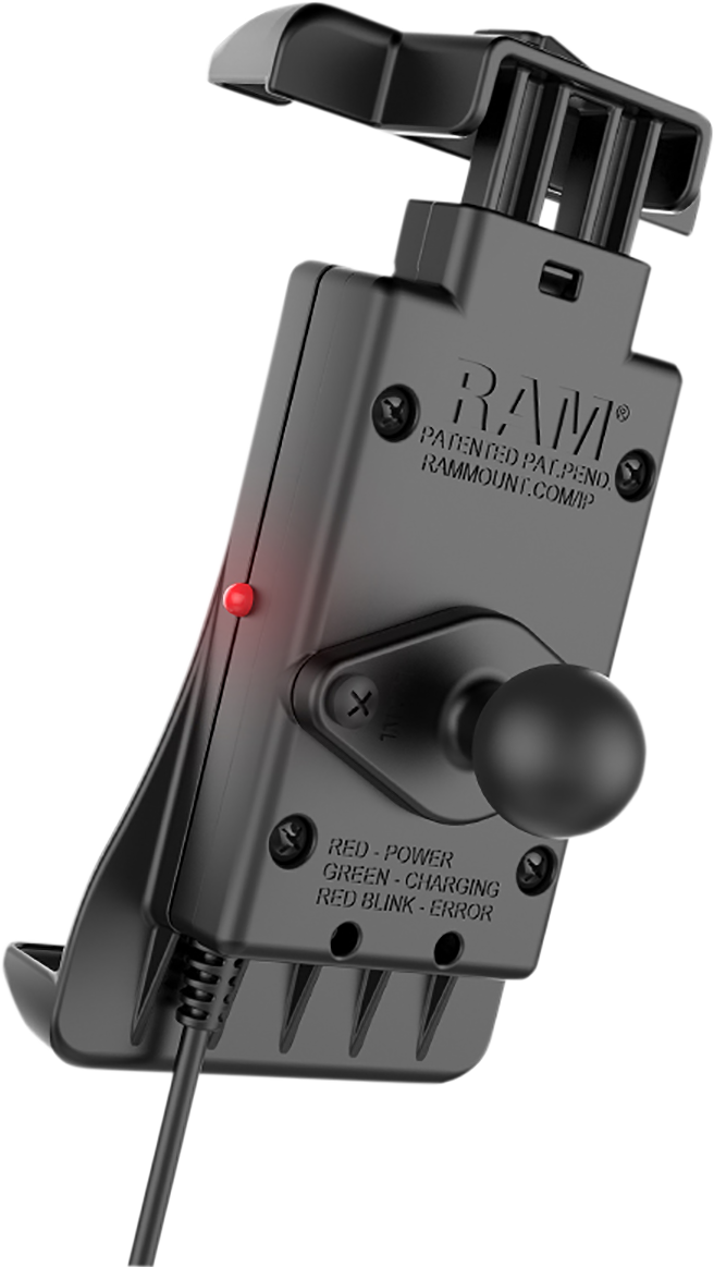 Wireless RAM MOUNTS Device Holder by Bill's Exhausts, waterproof engine mount with quick-grip and charging features.