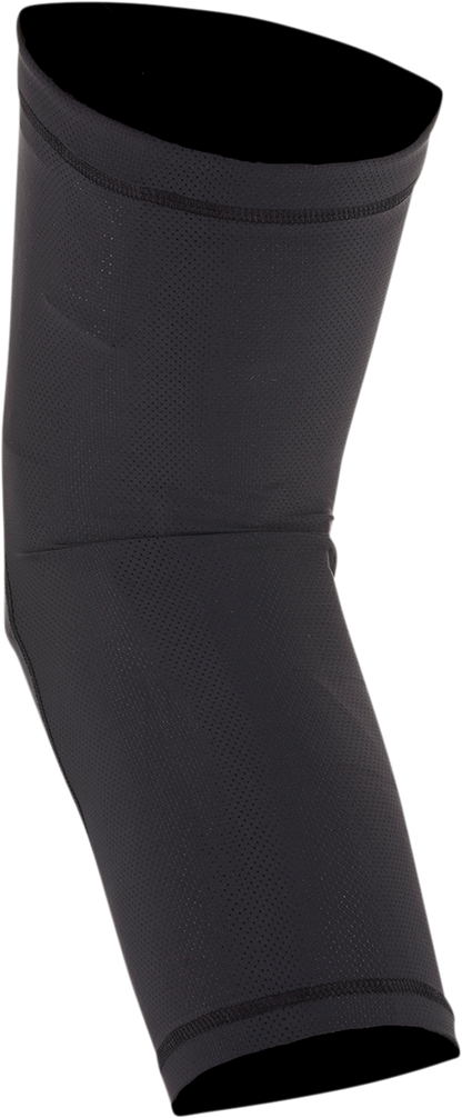 Alpinestars Paragon Lite knee guards in black, medium size, showing protective padding and adjustable straps for motorcycle riding.