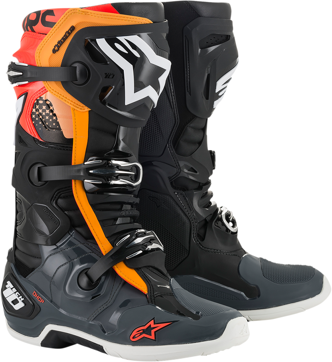 Alpinestars Tech 10 motorcycle boots in black, gray, orange, and fluorescent red displaying the protective design and branding.