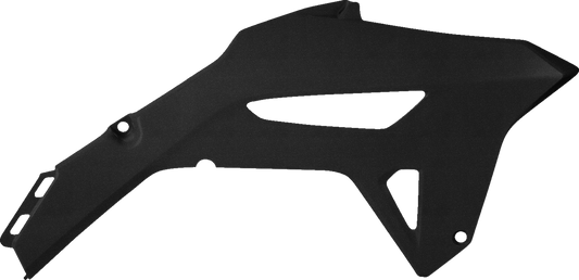 Black ACERBIS radiator shrouds for motorcycle body, featuring sleek design and durable construction by Bill's Exhausts.