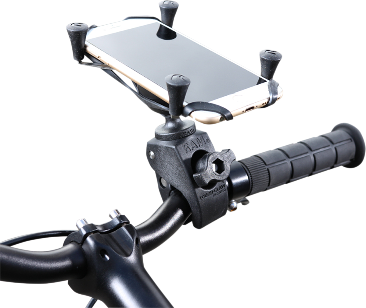 RAM MOUNTS X-Grip device mount with Tough-Claw clamp, designed for engine use, by Bill's Exhausts, shown attached to a vehicle.