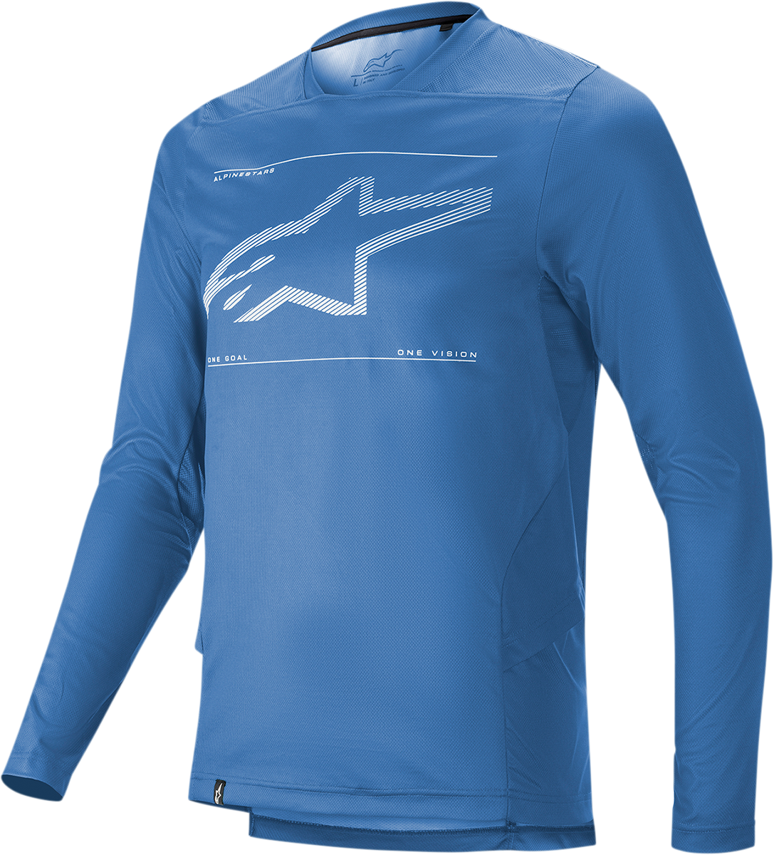 Alpinestars Drop 6.0 long-sleeve blue jersey, small size, featuring lightweight fabric and athletic fit.
