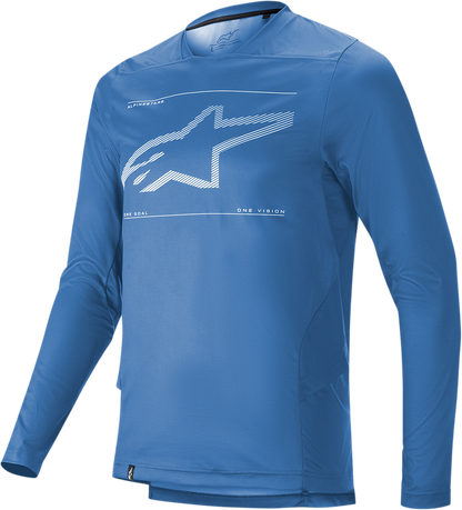 Alpinestars Drop 6.0 long-sleeve blue jersey, small size, featuring lightweight fabric and athletic fit.