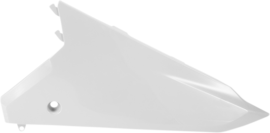 A pair of white Acerbis side panels for motorcycle body customization, designed for compatibility with specific models.