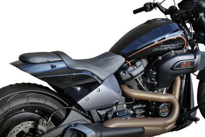 Bill's Exhausts SADDLEMEN GP-V1 Pillion Seat for FXDR featuring sleek black leather with detailed stitching and ergonomic design.
