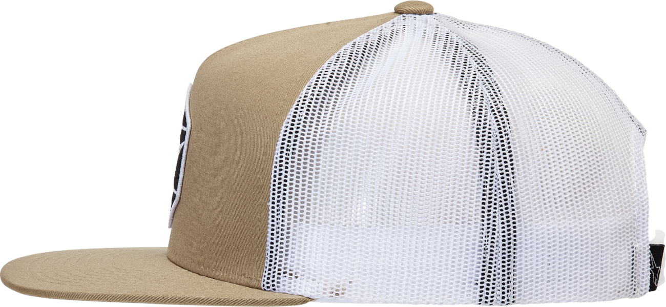 Alpinestars Bolt Trucker Hat in sand and white, featuring adjustable snapback and logo embroidery, casual headwear for men.