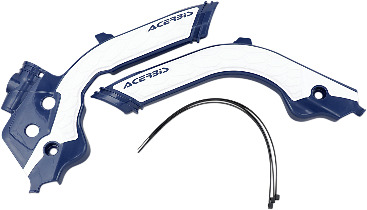 Acerbis X-Grip blue and white motorcycle frame guards installed on a bike, designed for protection and durability.
