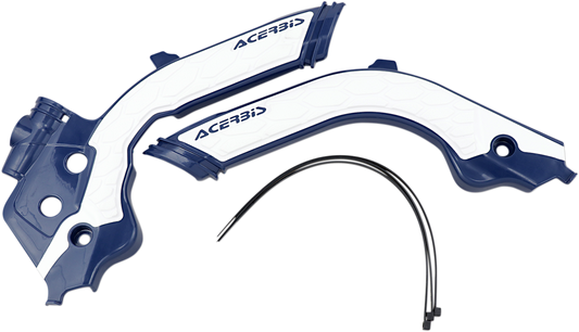 Acerbis X-Grip blue and white motorcycle frame guards installed on a bike, designed for protection and durability.