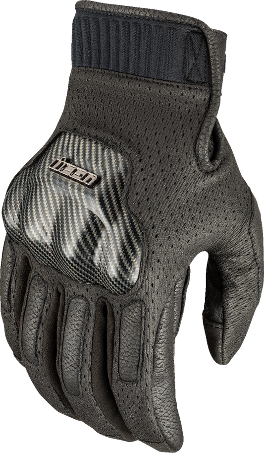 Black ICON Overlord3™ Gloves in Small size, designed by Bill's Exhausts, showing the textured palm and sleek glove design.