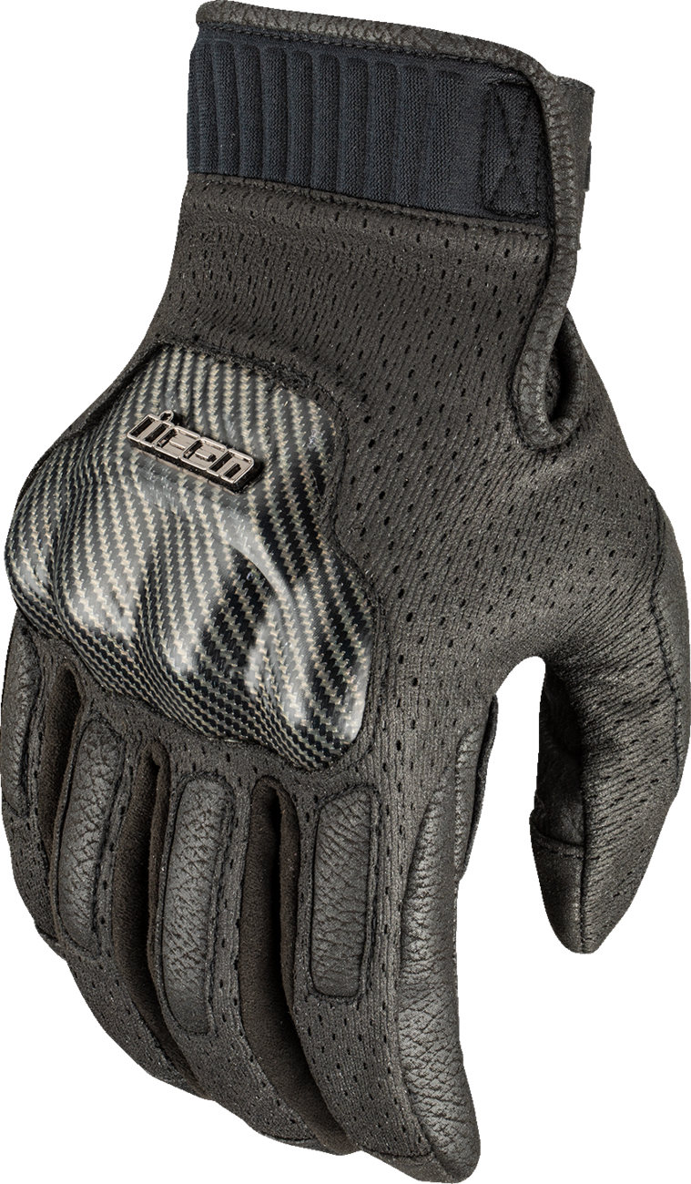 Black ICON Overlord3™ gloves in XL size by Bill's Exhausts, showing the textured palm and secure wrist closure.