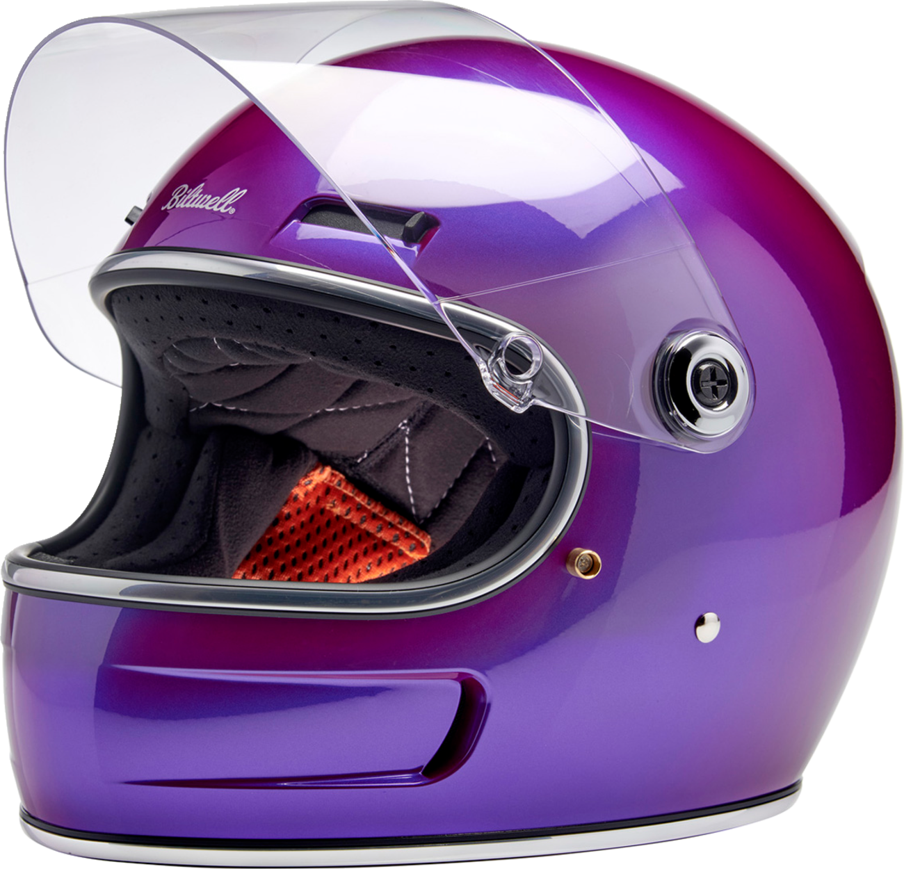BILTWELL Gringo SV Helmet in metallic grape color, XS size, featuring a sleek, glossy motorcycle helmet design with vents and adjustable strap.