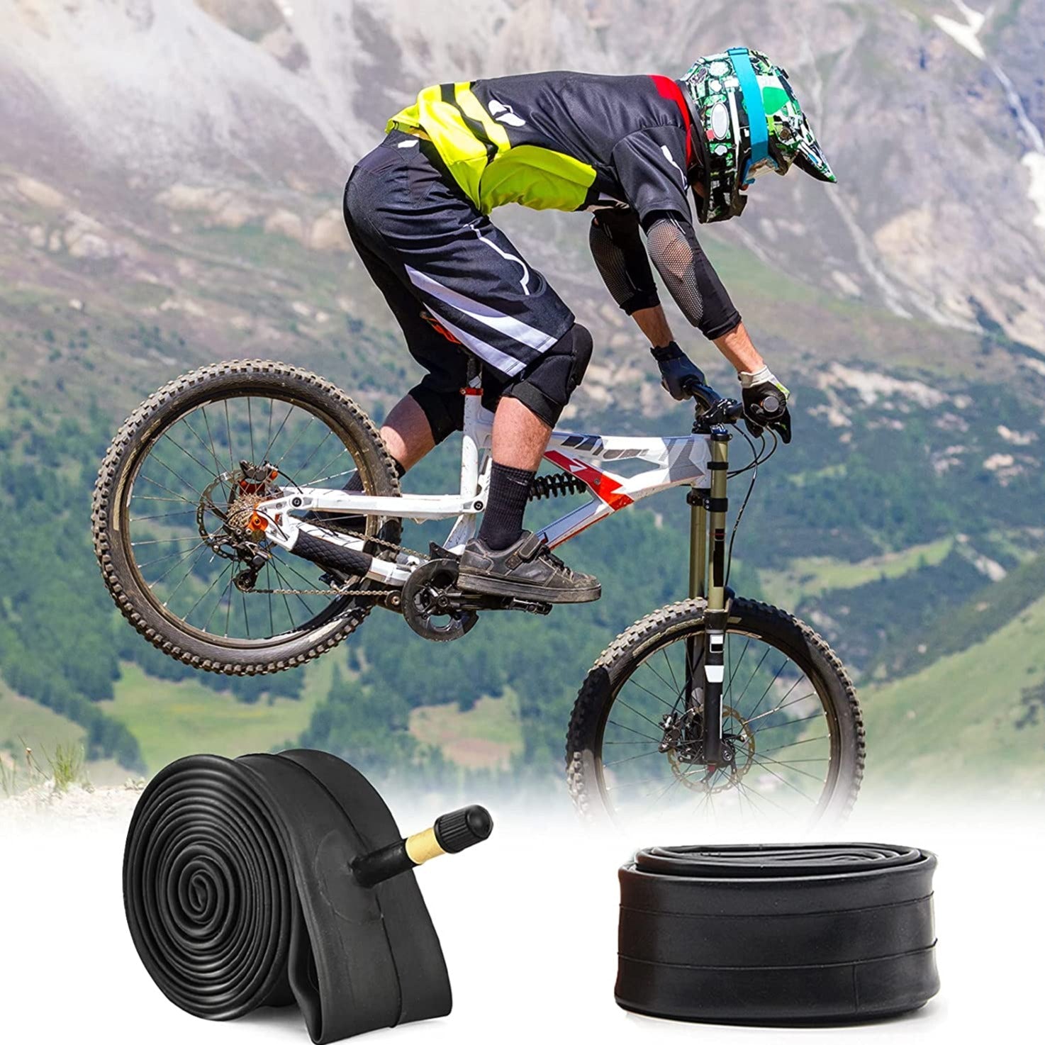 Two Hycline bike inner tubes with Schrader valves, suitable for 20", 24", 26", 27.5", and 29-inch bikes, with tire levers included.