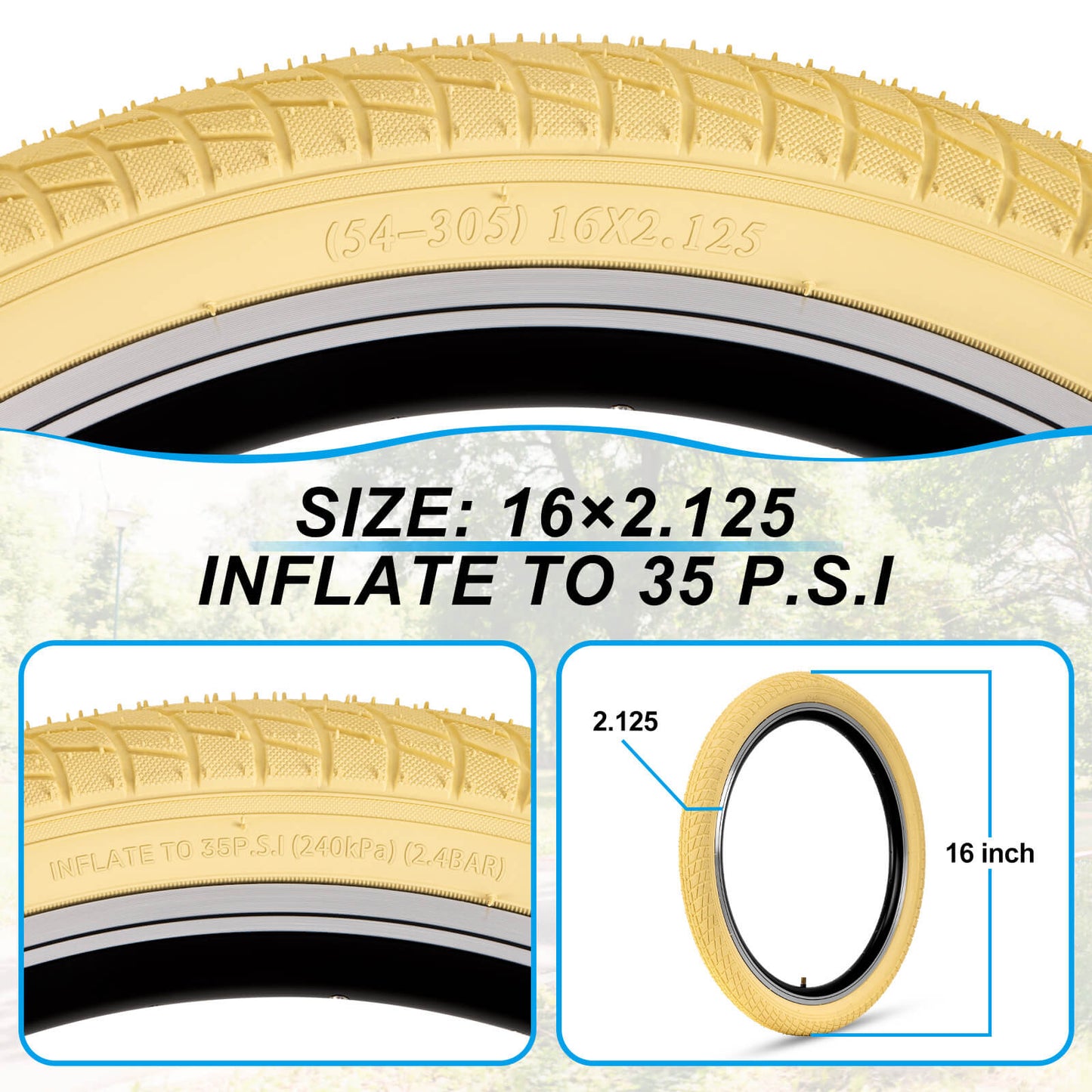Hycline Colorwonder beige bicycle tires, 16-inch and 20-inch, with tread pattern and sidewall details visible.