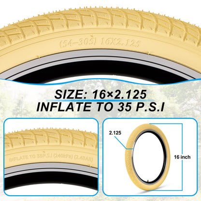 Hycline Colorwonder beige bicycle tires, 16-inch and 20-inch, with tread pattern and sidewall details visible.