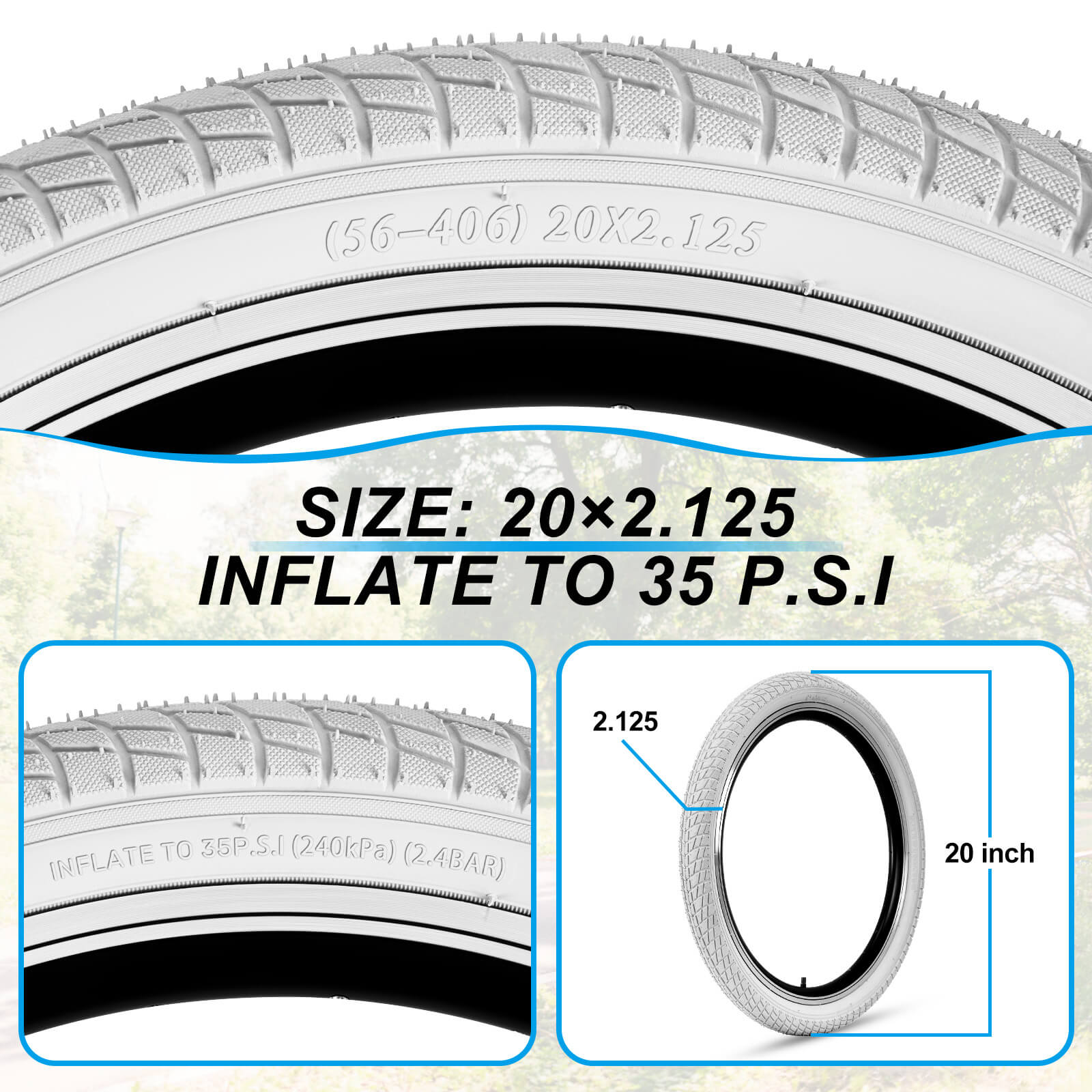 Hycline Colorwonder Pure White 16-inch and 20-inch bicycle tires, showing the tread pattern and sidewall design.