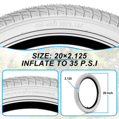 Hycline Colorwonder Pure White 16-inch and 20-inch bicycle tires, showing the tread pattern and sidewall design.