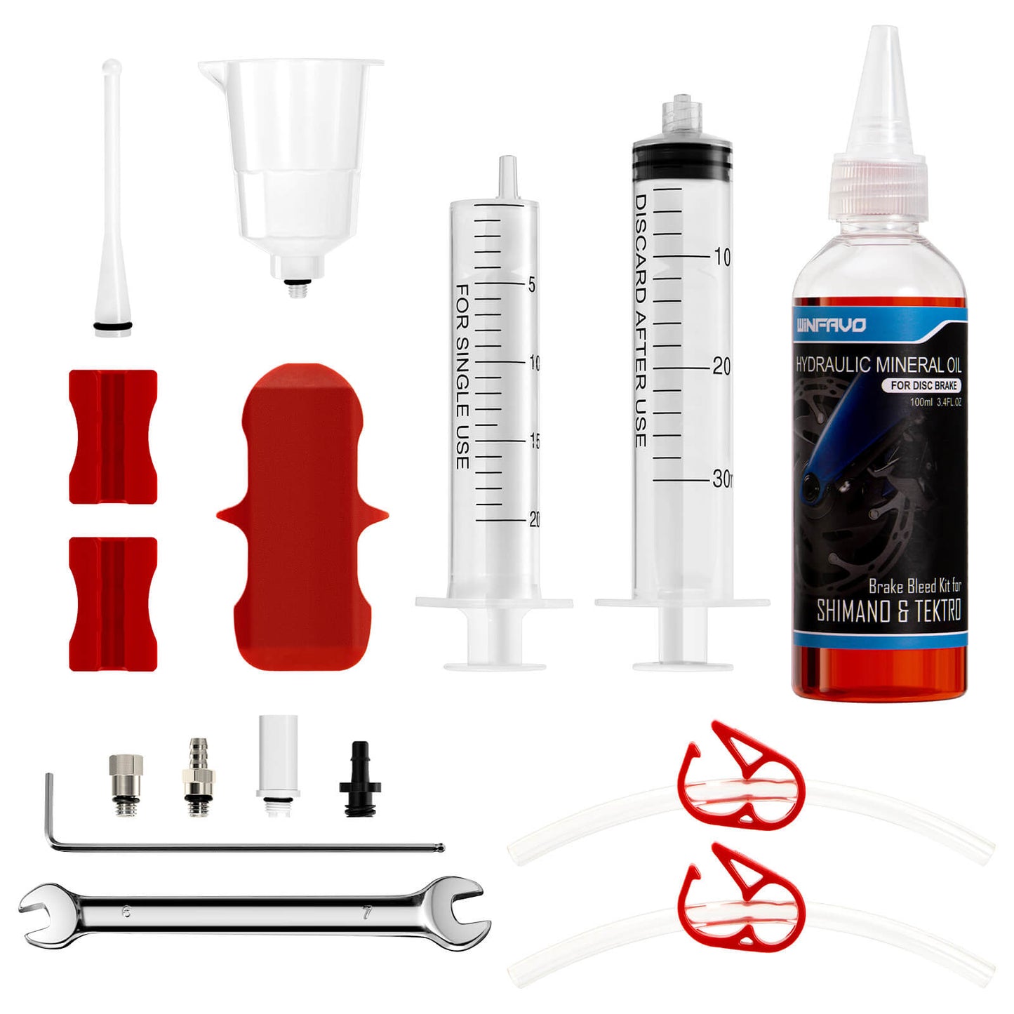Hycline bicycle hydraulic brake bleeding kit for Shimano and Tektro brakes, includes syringes and brake fluid for maintenance.