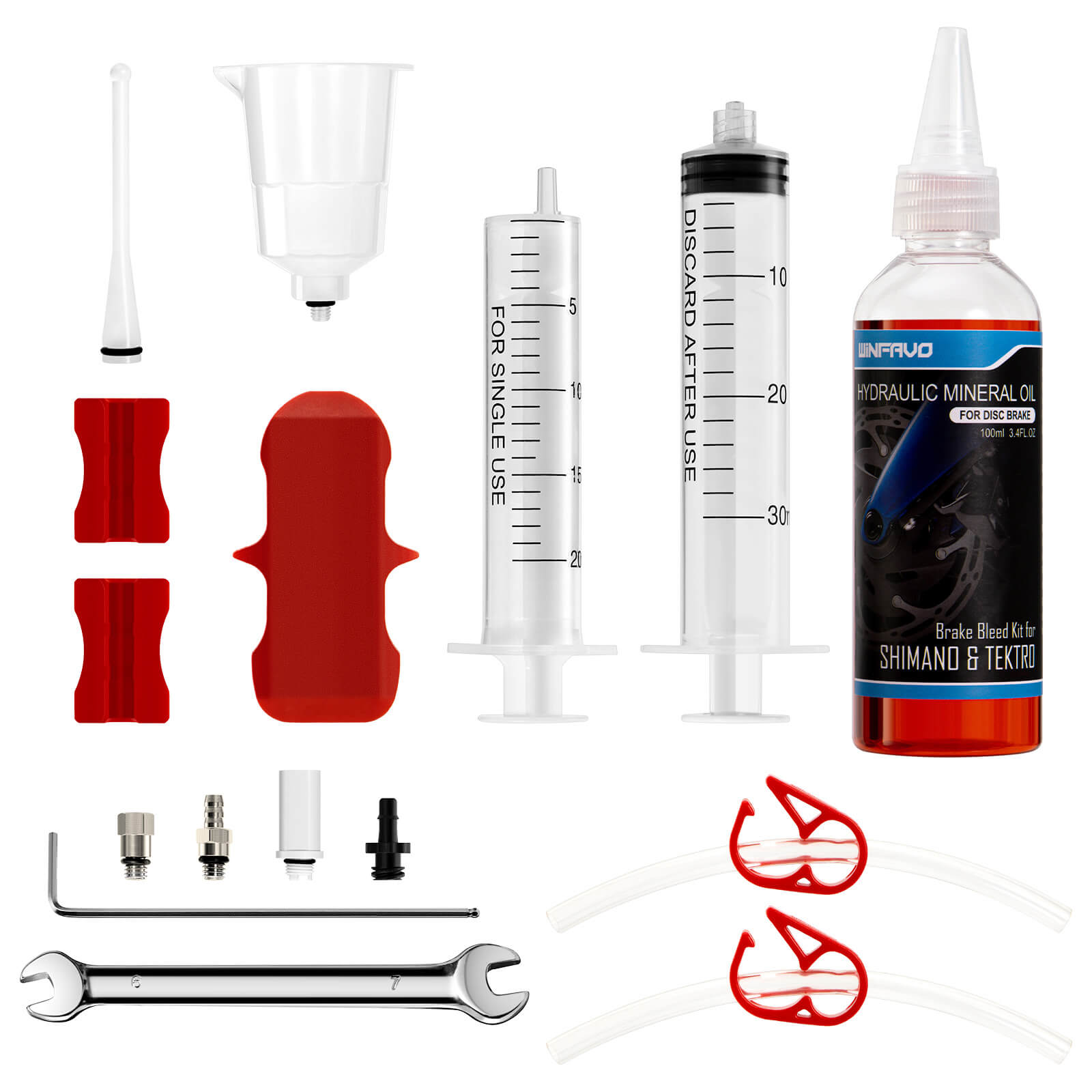 Hycline bicycle hydraulic brake bleeding kit for Shimano and Tektro brakes, includes syringes and brake fluid for maintenance.
