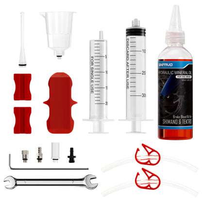 Hycline bicycle hydraulic brake bleeding kit for Shimano and Tektro brakes, includes syringes and brake fluid for maintenance.