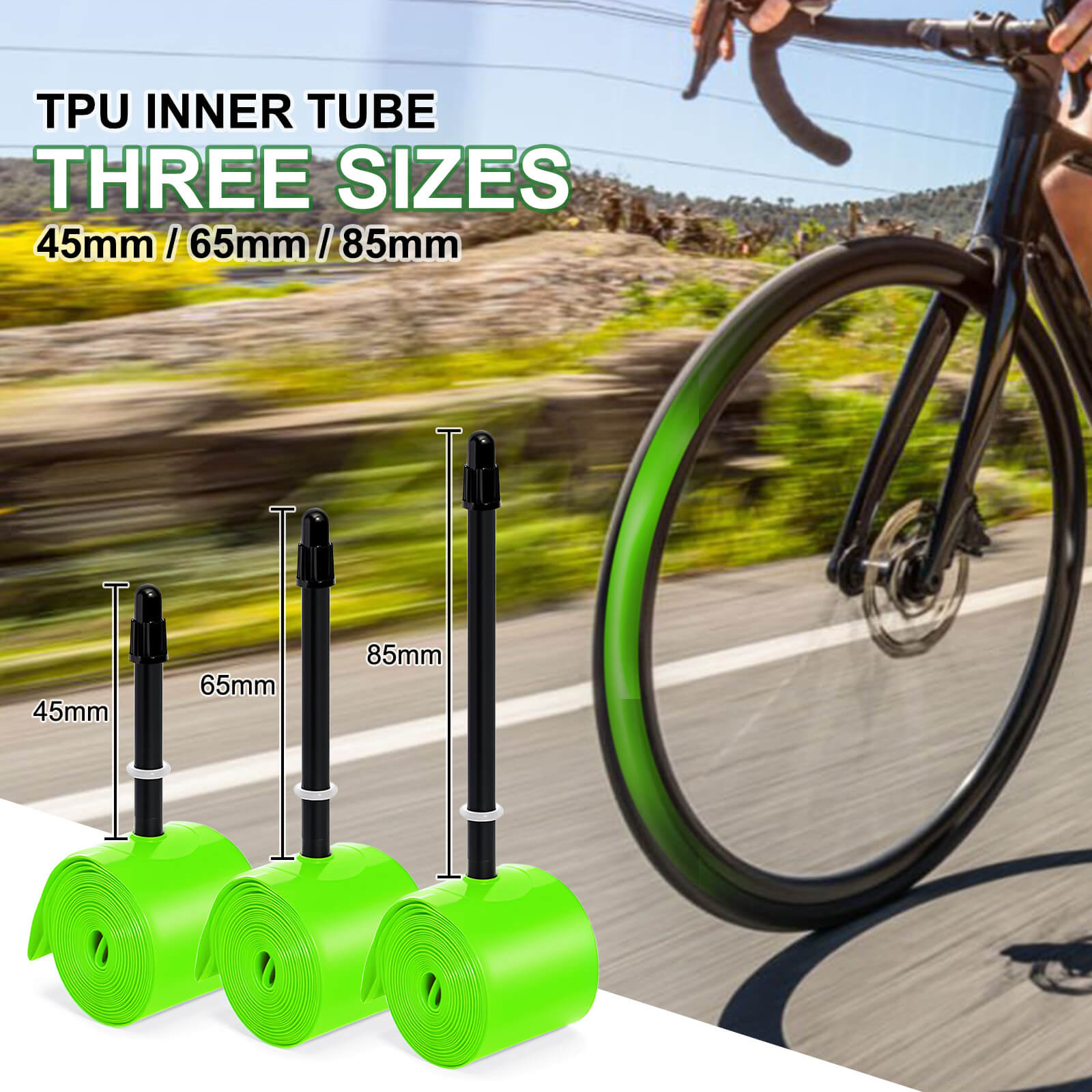 Hycline 700C TPU road bike tube with 18C-32C size, shown mounted on a bicycle wheel, ready for cycling use.