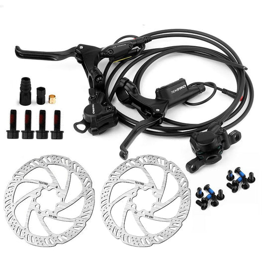 Hycline Tektro HD-E350 hydraulic disc brake set for electric bikes with front and rear brakes, rotors, and IS adapters installed.