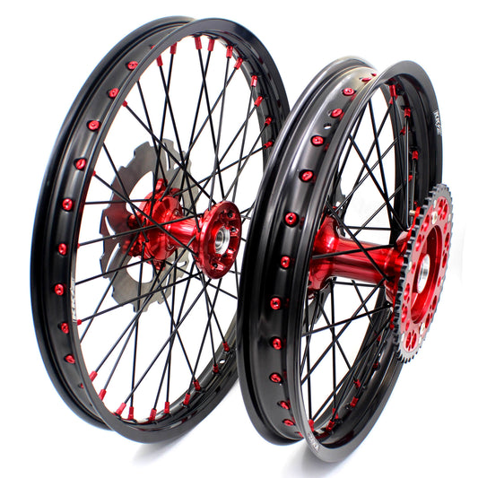KKE 21 & 19 Casting Spoked MX Wheels Rims Set for Honda CR125R CR250R 2002-2012 Red Nipple Black Spoke Discs - Howling Moto