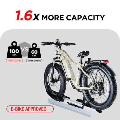 1-Bike Hitch E-bike Rack with Ramp, Folding Single Electric Bike Carrier, 100 LBS Capacity, Fits 2'' Receiver - Howling Moto