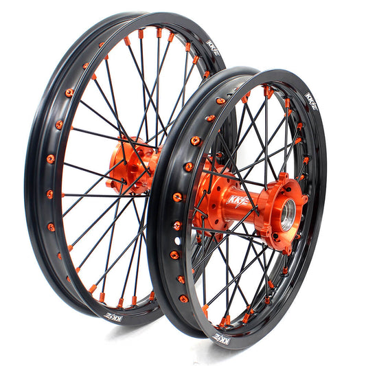 KKE 19"×1.6/16"×1.85 Spoke Kid's Big Wheels Rims Fit KTM SX 85 2003-2020 Orange Nipples & Black Spokes - Howling Moto