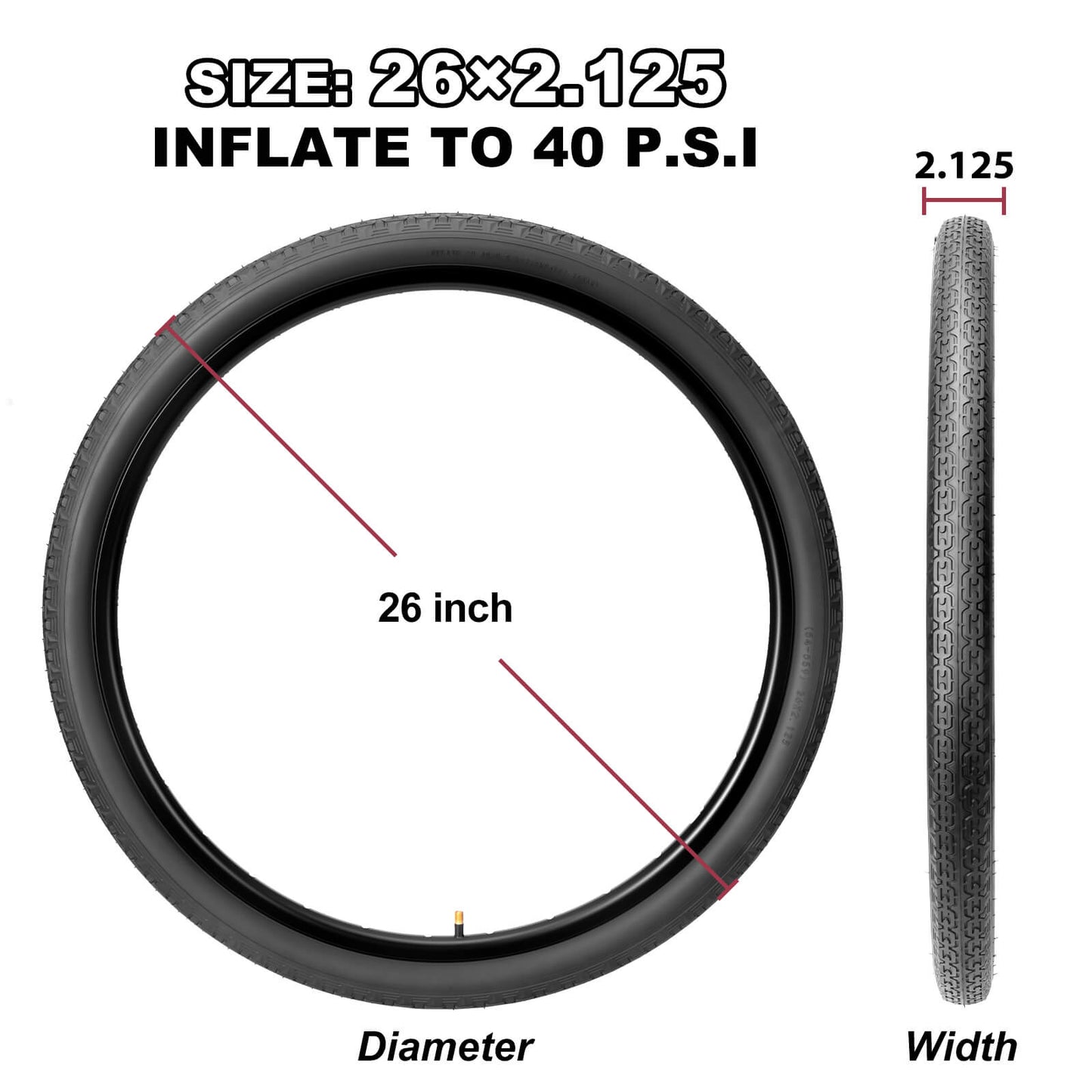 Hycline 26-inch bicycle tire, Chain Cruises model, with 2.125-inch width, showing tread pattern and sidewall details