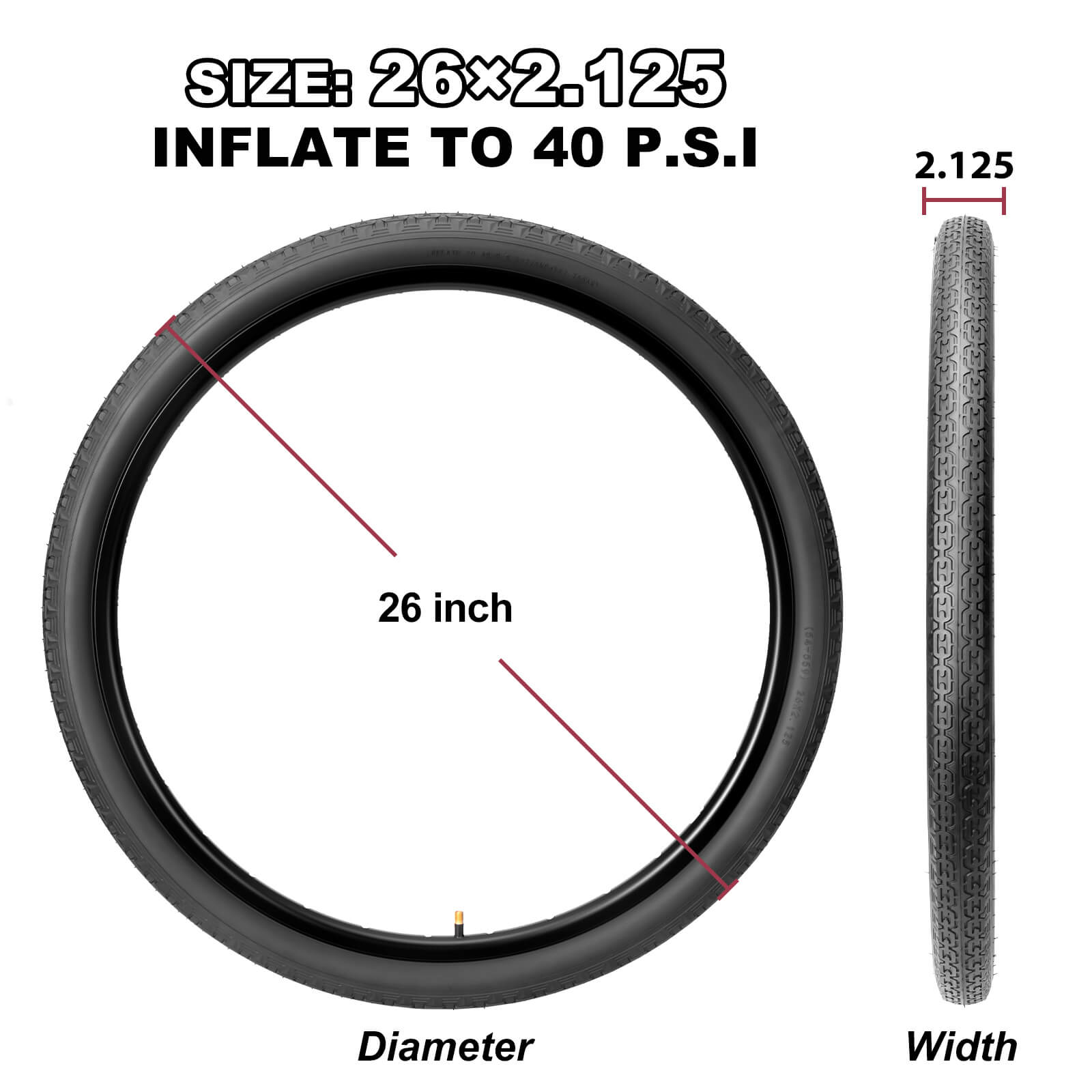 Hycline 26-inch bicycle tire, Chain Cruises model, with 2.125-inch width, showing tread pattern and sidewall details