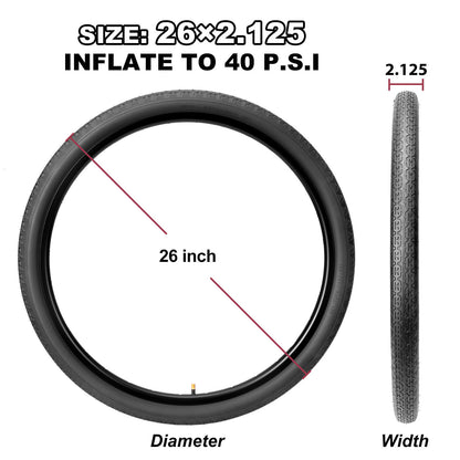 Hycline 26-inch bicycle tire, Chain Cruises model, with 2.125-inch width, showing tread pattern and sidewall details