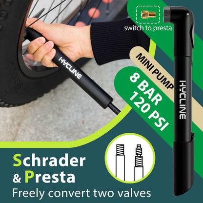 Hycline Mini Hand Pump for bicycles, 120 PSI, compact bicycle pump with pressure gauge and ergonomic handle, ideal for on-the-go inflation.
