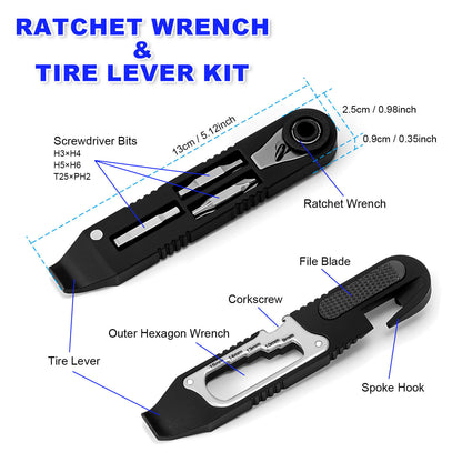 Hycline 14-in-1 bike tire repair kit with wrench, lever, screwdriver, corkscrew, and file blade for bicycle maintenance.