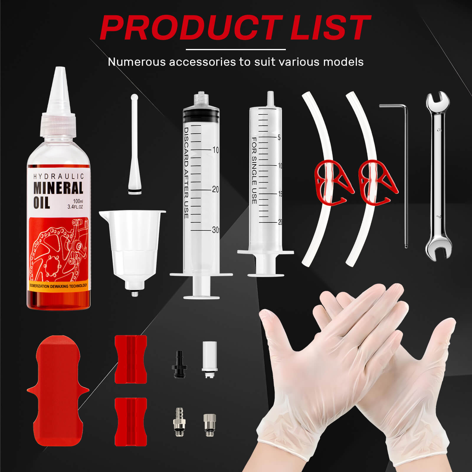 Hycline hydraulic brake mineral oil bleed kit for Shimano, Tektro, TRP bicycles, includes tools for brake maintenance and fluid refilling.