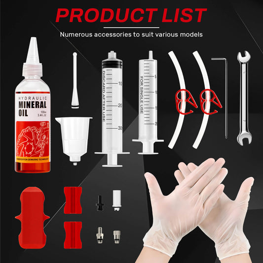 Hycline hydraulic brake mineral oil bleed kit for Shimano, Tektro, TRP bicycles, includes tools for brake maintenance and fluid refilling.