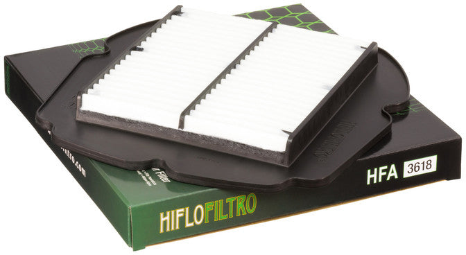 HIFLOFILTRO HFA3618 air filter for high performance engines, showing the clean, replaceable filter element with brand markings.