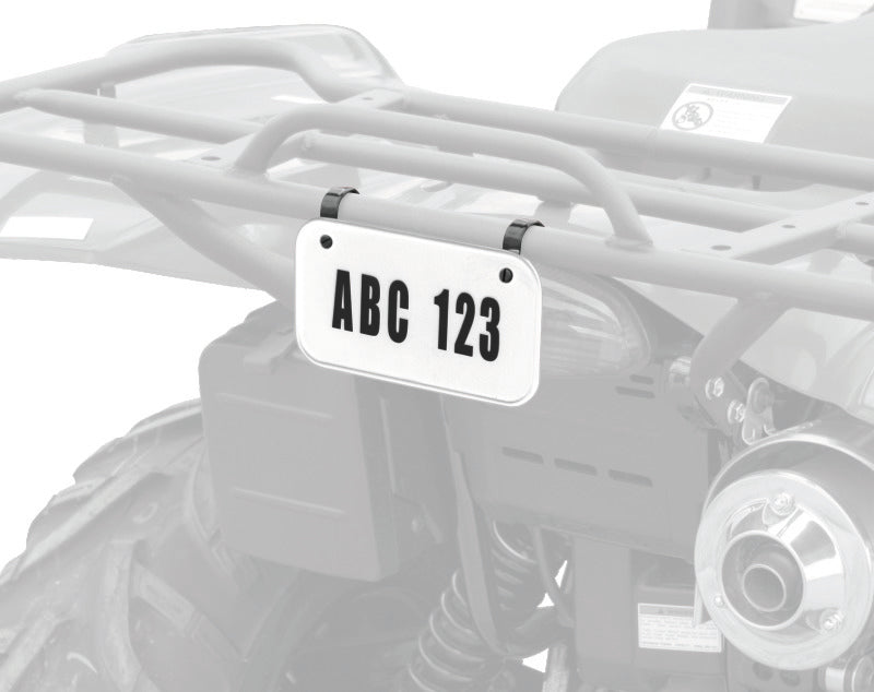 Black QuadBoss ATV license plate kit with mounting hardware for powersports vehicles, designed for secure and stylish installation.