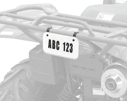 Black QuadBoss ATV license plate kit with mounting hardware for powersports vehicles, designed for secure and stylish installation.