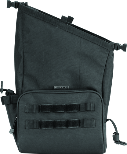 Kuryakyn Hoodrat Universal Swingarm Bag for powersports equipment, black storage bag attached to motorcycle swingarm.
