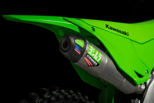 YOSHIMURA RS12 muffler decals in green, featuring the Yoshimura logo and branding for motorcycle exhaust customization.
