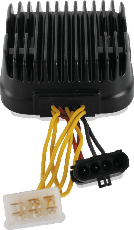 QuadBoss voltage regulator for 2005-2006 Polaris Sportsman 700 EFI, showing the black metal component with wiring connections.