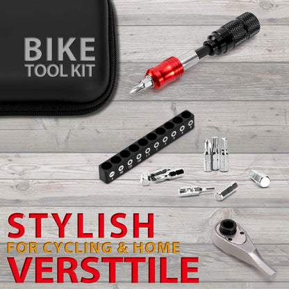 Hycline EMERK bike repair tool kit with various bicycle parts and tools, suitable for bicycle maintenance and repairs.