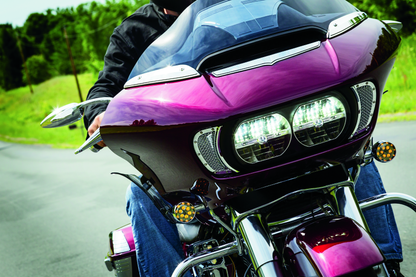 Kuryakyn Chrome Windshield Side Trims for Harley-Davidson Road Glide 2015-2021, showing sleek chrome finish and fitment details