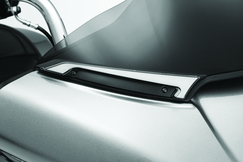 Kuryakyn Tracer Windshield Trim Lights in black with diffused LED lighting on a 2015+ Road Glide motorcycle.