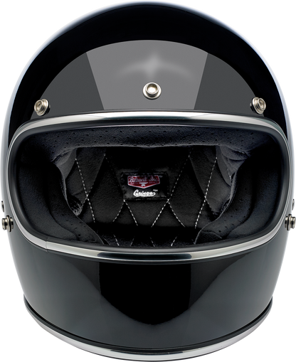 Gloss black BILTWELL Gringo helmet in medium size, featuring a smooth finish and classic helmet shape, ideal for motorcycle riding.