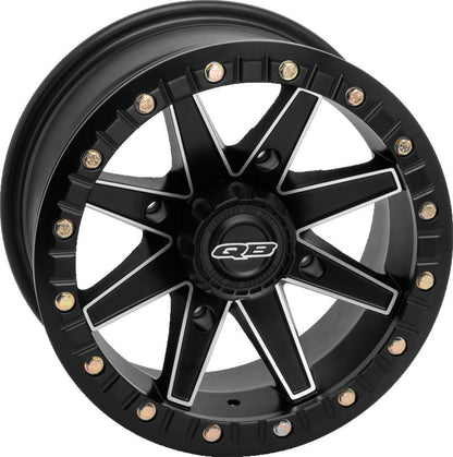 QuadBoss Boss Lock 14x7 powersports wheel with 4/110 bolt pattern and 5+2 offset, shown from a front angle.