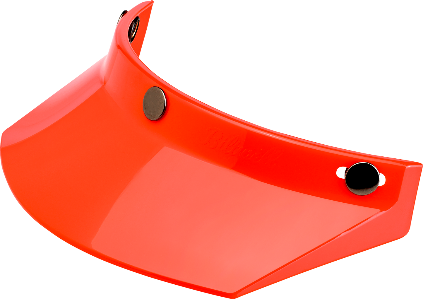 Orange BILTWELL Moto 3-Snap Visor for helmets, designed for Bill's Exhausts motorcycle helmets, showing the visor attached.