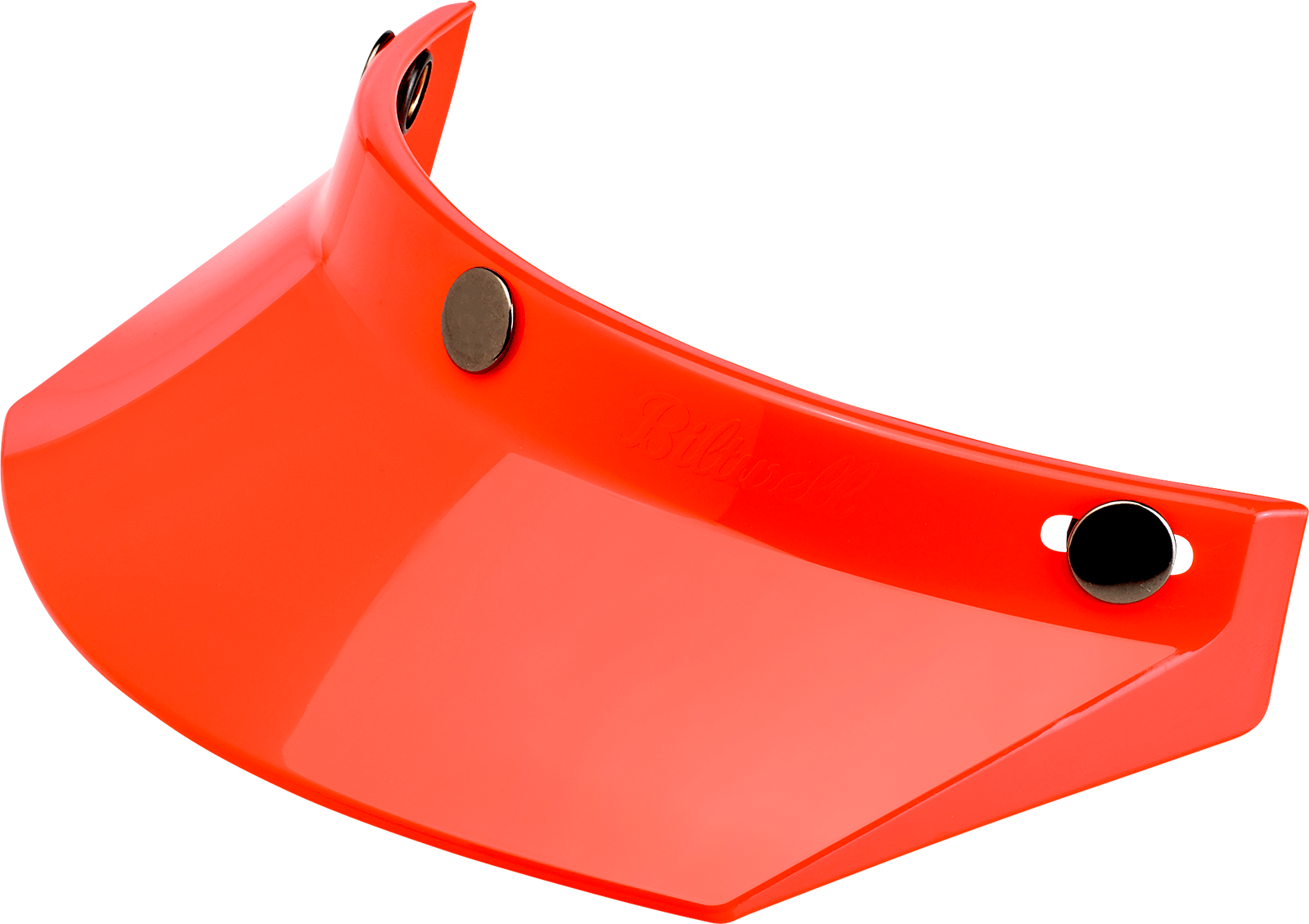 Orange BILTWELL Moto 3-Snap Visor for helmets, designed for Bill's Exhausts motorcycle helmets, showing the visor attached.