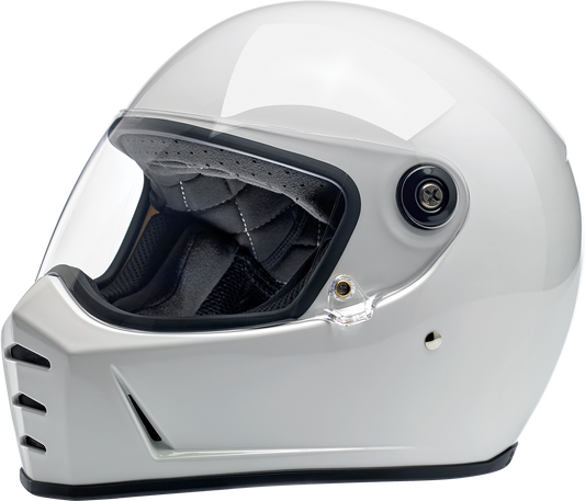 Gloss white BILTWELL Lane Splitter motorcycle helmet in small size, featuring a sleek aerodynamic design and secure chin strap.