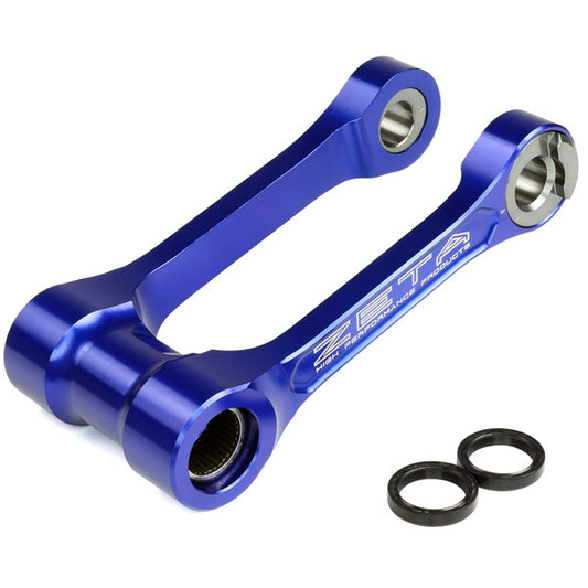 ZETA adjustable lowering link for Yamaha motorcycles, showing the blue metal component with mounting points.